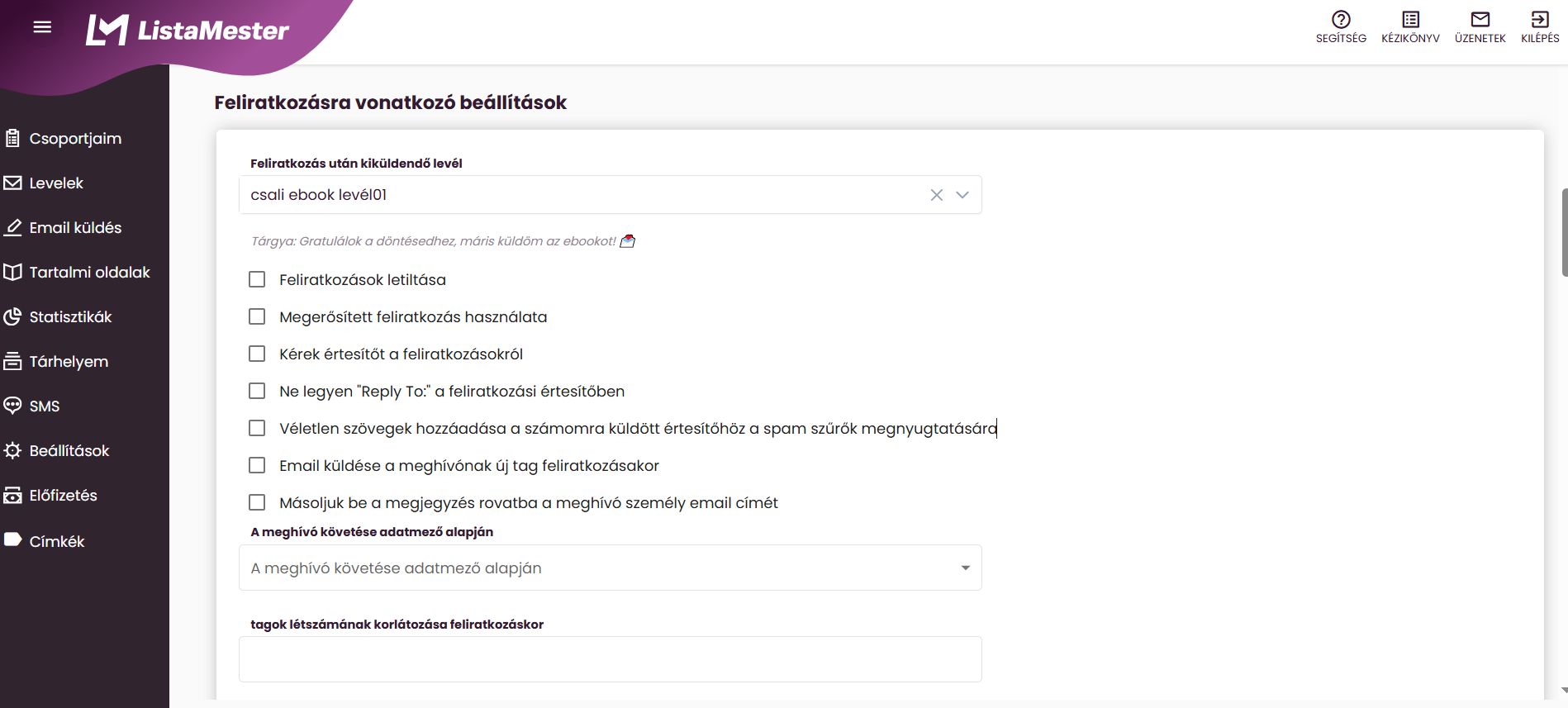 ListaMester - Útmutató - Feliratkozás utáni automatikus levél