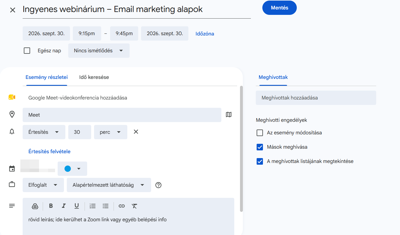 Listamester - Útmutató - Levelek - Save the date - link megnyitása után