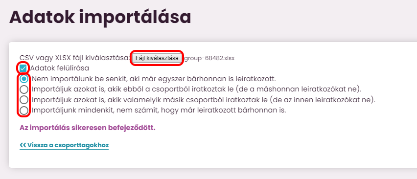 Listamester - Kézikönyv - csoporttagok- az importálás befejeződött