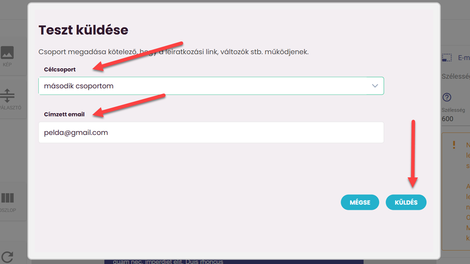 Listamester-Útmutatók - Tesztlevél küldése a reszponzív szerkesztőből - csoport kiválasztása és címzett megadása