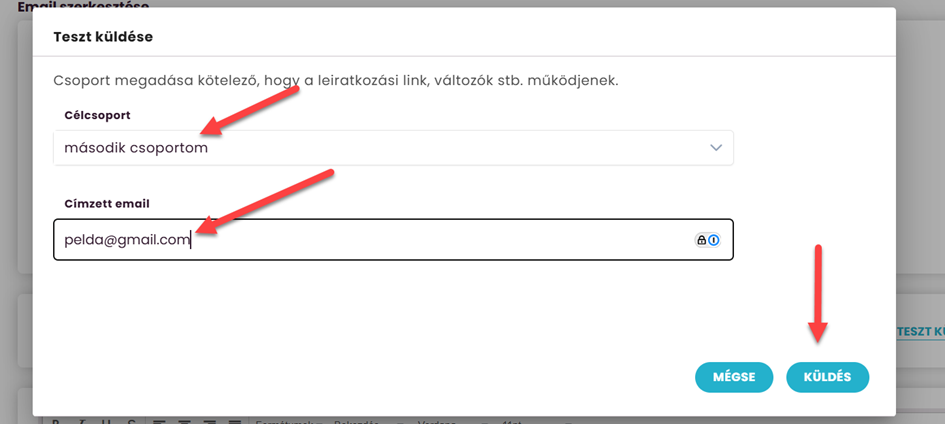 Listamester-Útmutatók - Tesztlevél küldése a hagyományos szerkesztőből - csoport kiválasztása és címzett megadása