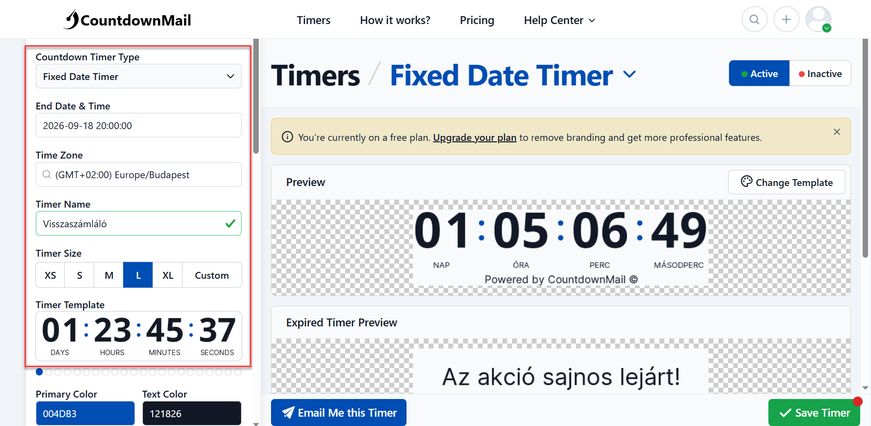Útmutató - Visszaszámláló - Countdownmail -Basic fül