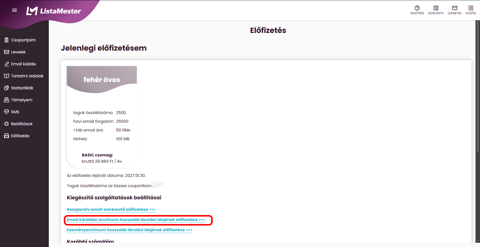 Listamester - Kézikönyv - Előfizetés extra naplózásra