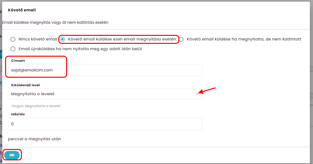 Listamester - Kézikönyv - levelek - követő email beállítása