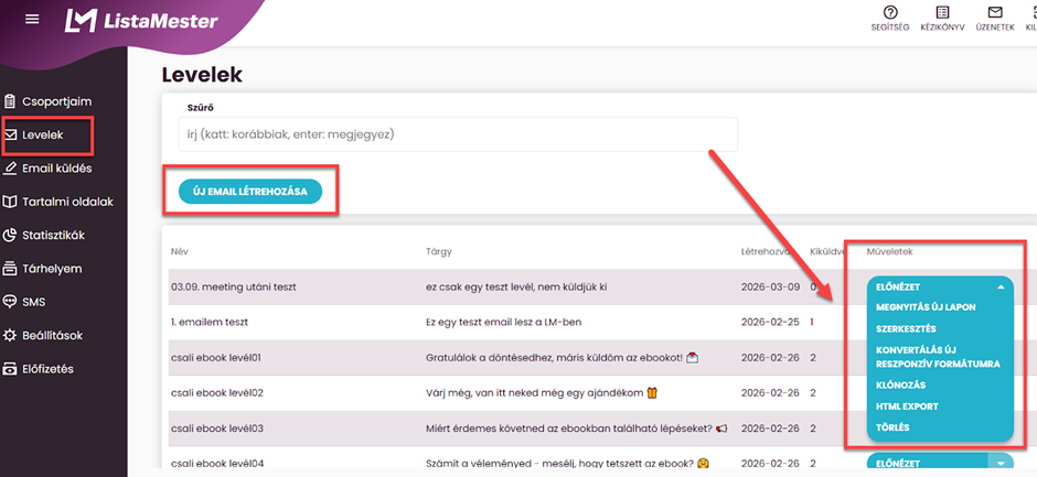 Listamester - Kézikönyv - levelek - levél szerkesztése, törlése, klónozása, előnézet