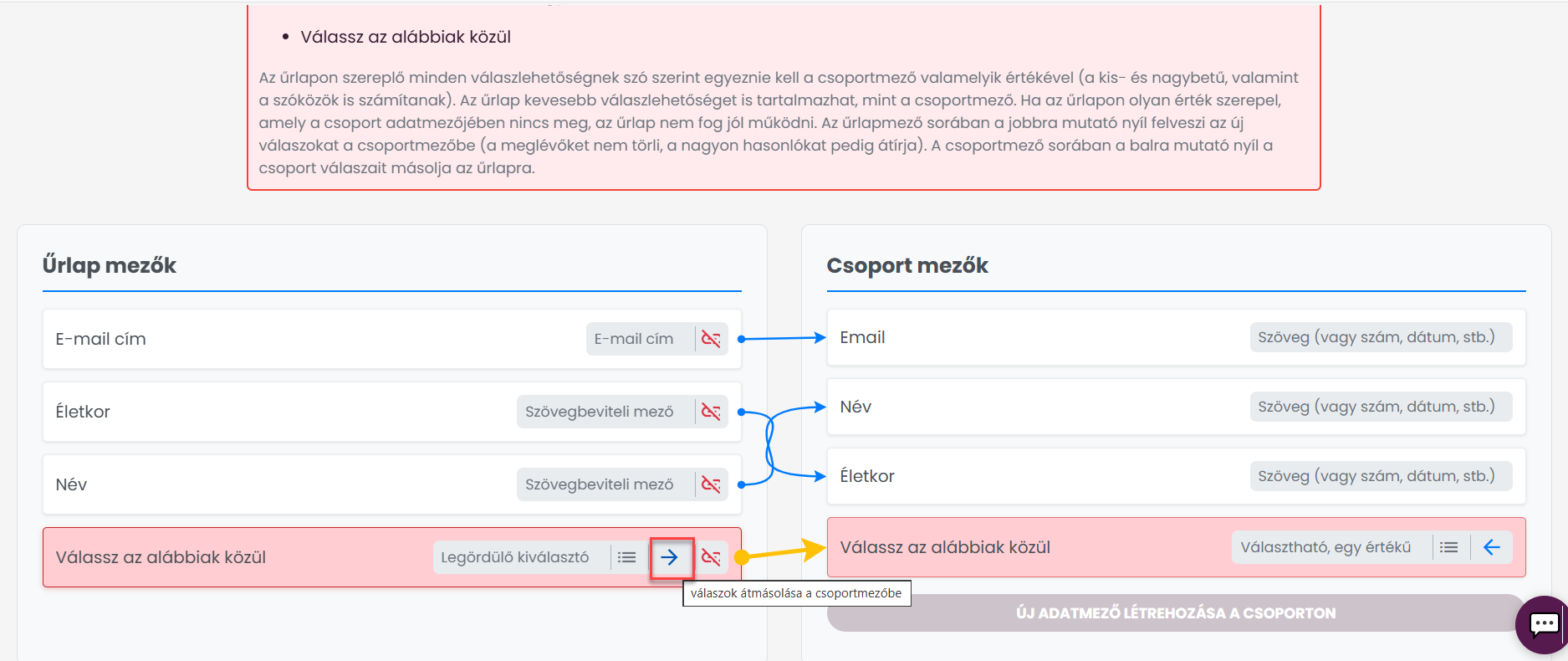 ListaMester - Útmutatók - Űrlapok - Űrlapvarázsló - Választós mezők válaszainak kibővítése