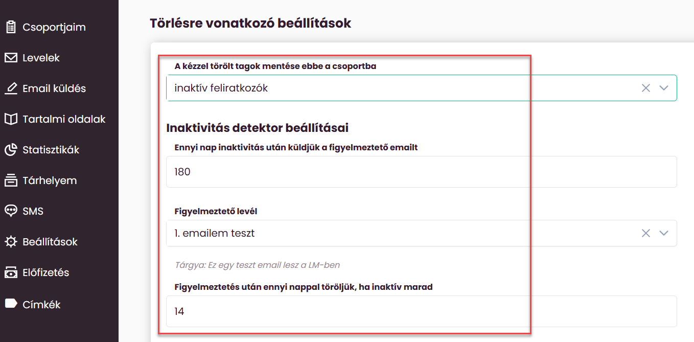 ListaMester - Útmutató - Inaktivitás detektor - Beállítások