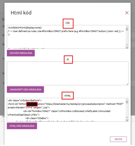 Listamester - Kézikönyv - Űrlapok - Általános tudnivalók - Nyers html kód beillesztés - html kód
