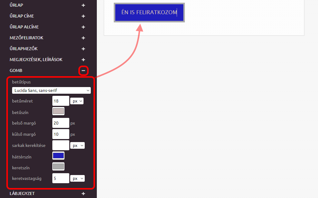 Űrlapok - Űrlapvarázsló - Külső - haladó - gomb beállítások