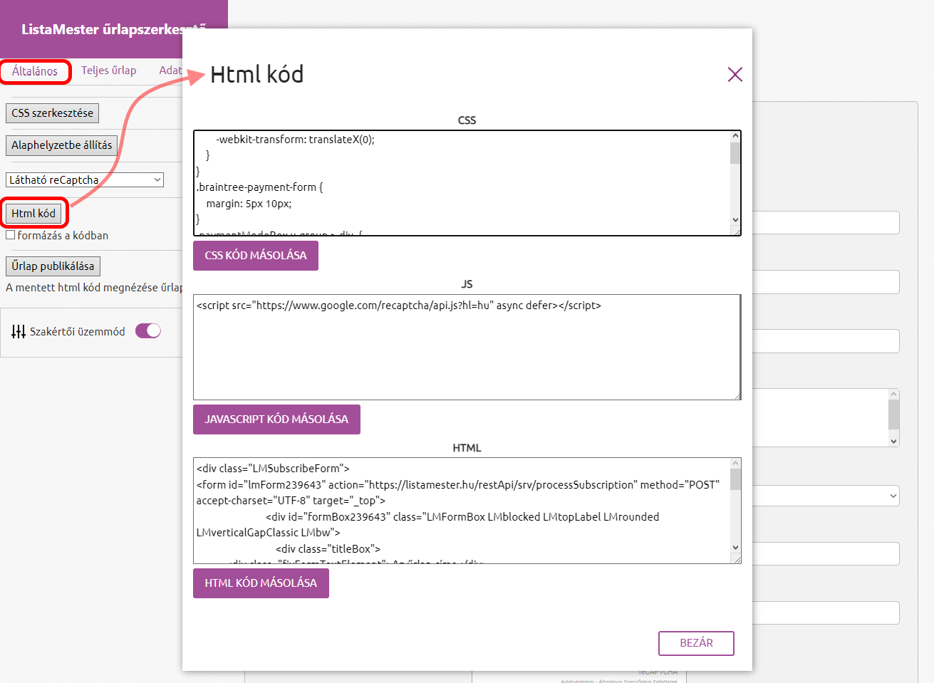 Űrlapok - Űrlapvarázsló - szakértői beállítások - Általános fül - Html kód