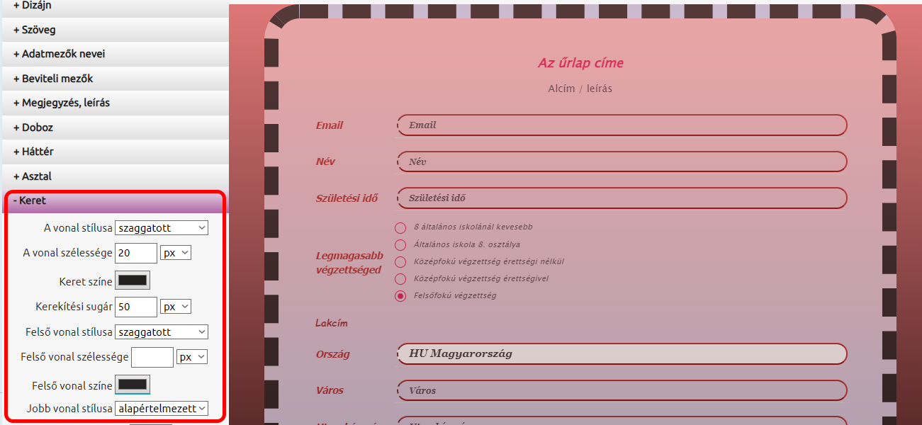 Űrlapok - Űrlapvarázsló - szakértői beállítások - keret