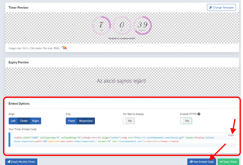 Útmutató - Visszaszámláló - Countdownmail - html kód másolása