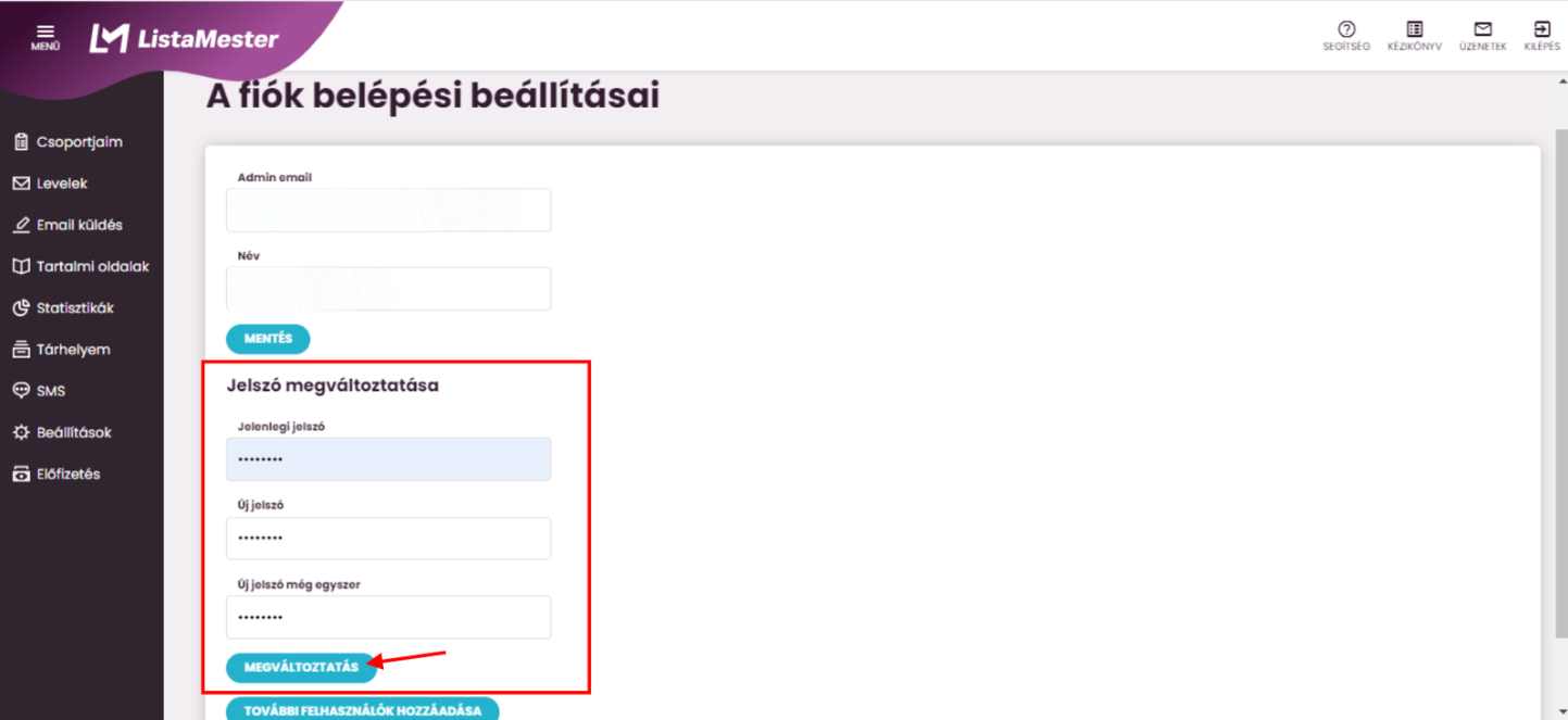 Listamester - Kézikönyv - Jelszó megváltoztatása