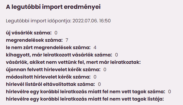 Listamester - Útmutatók - Integrációk - Shoptet - Legutóbbi import eredményei