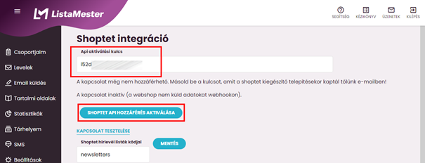Listamester - Útmutatók - Integrációk - Shoptet - Beállítások - Shoptet menüpont - Api kód megadása