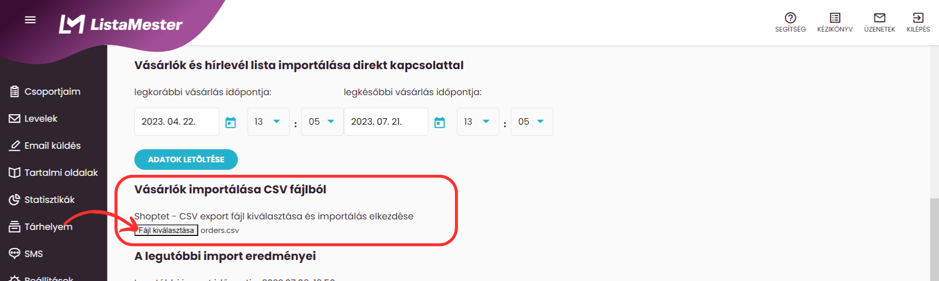 Listamester - Útmutatók - Integrációk - Shoptet - Rendelések importálása CSV fájlból