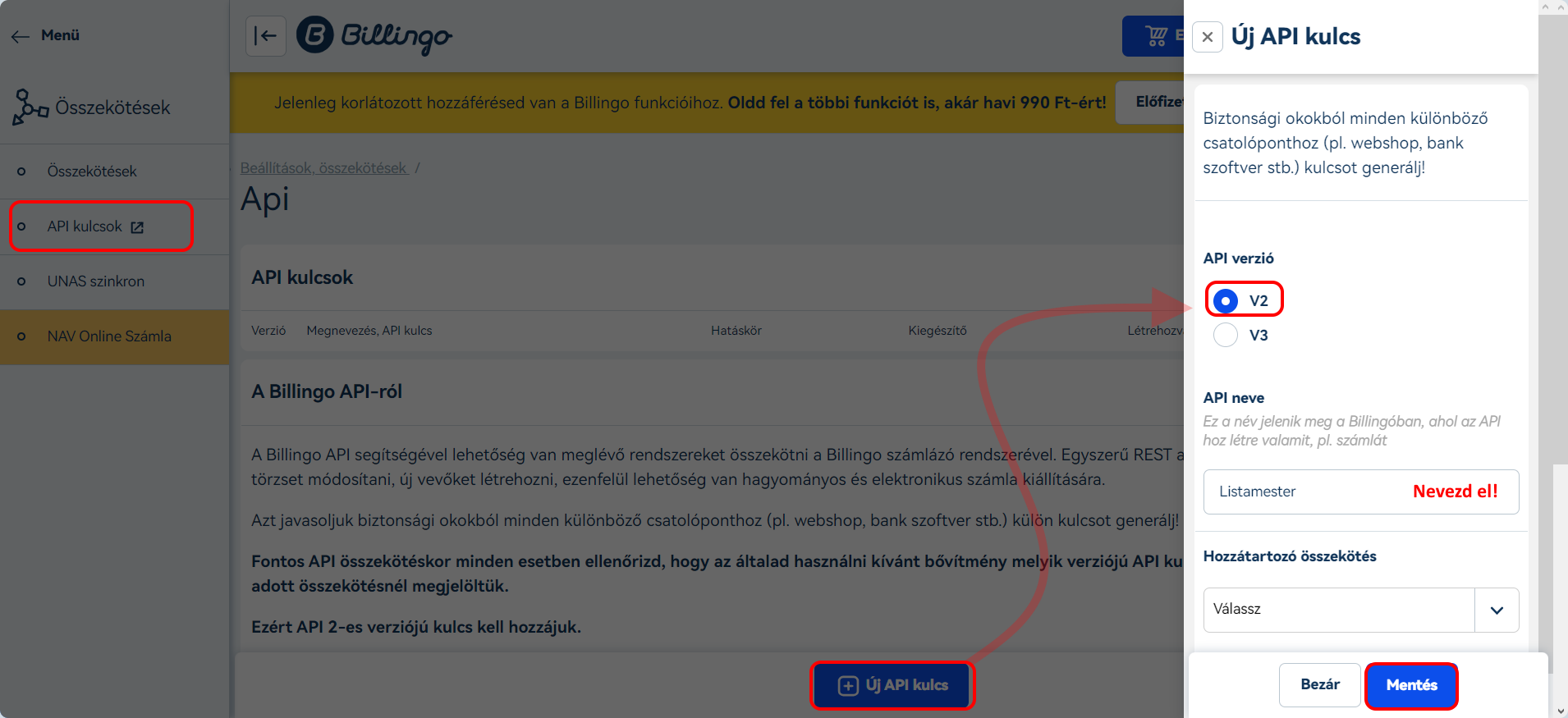 Listamester - Útmutatók - Integrációk - Billingo - API kulcs generálása Billingo felületén