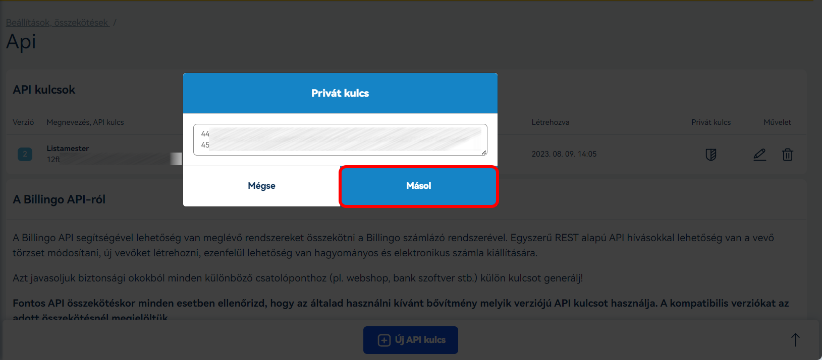 Listamester - Útmutatók - Integrációk - Billingo - API kulcs generálása Billingo felületén