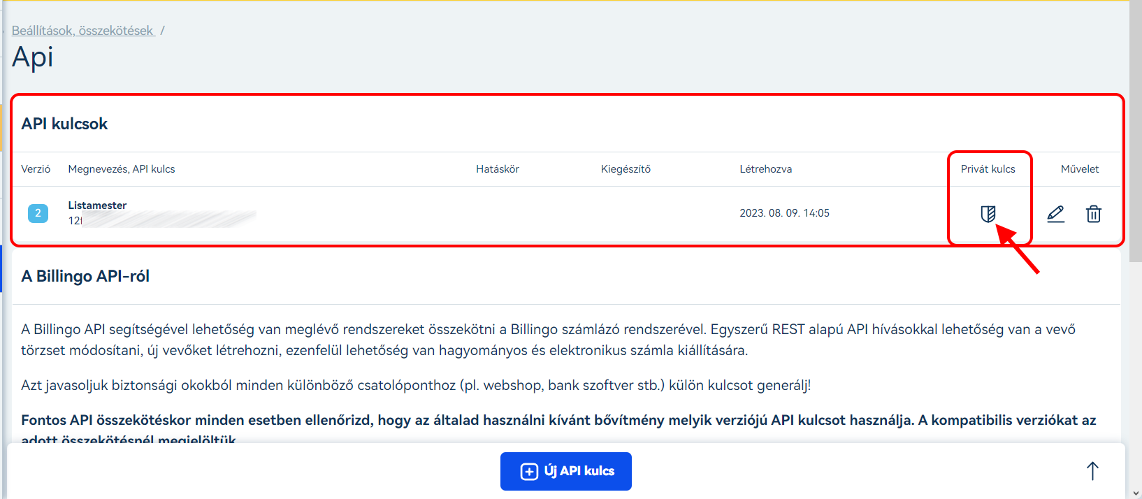 Listamester - Útmutatók - Integrációk - Billingo - API kulcs generálása Billingo felületén