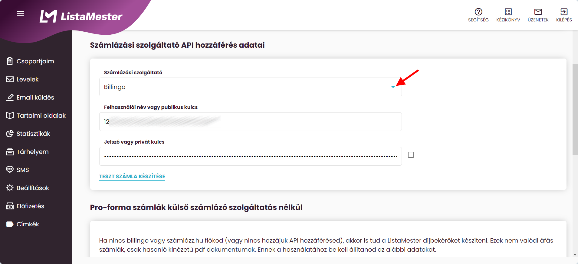 Listamester - Útmutatók - Integrációk - Billingo - LM - számlázási beállítások