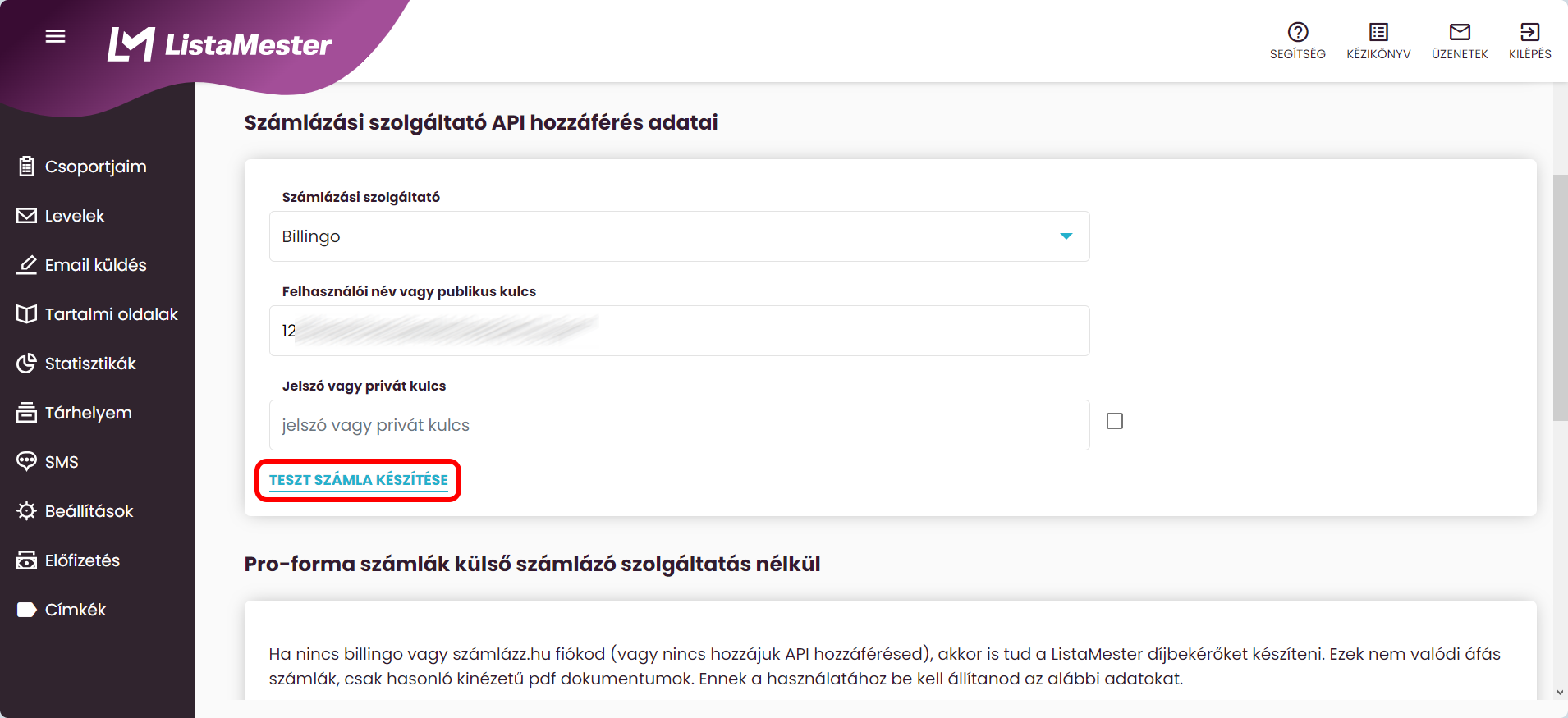 Listamester - Útmutatók - Integrációk - Billingo - LM - számlázási beállítások - teszt számla készítése