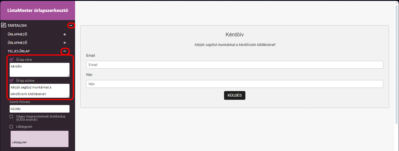 Listamester-Kézikönyv-Űrlapok - Adatmódosító űrlap - űrlapvarázsló - címek módosítása