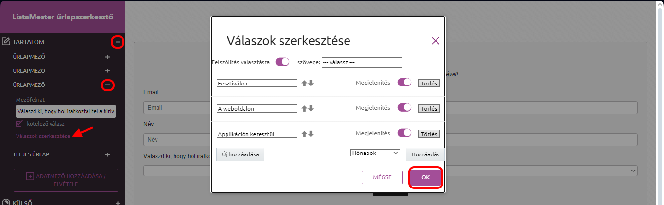 Listamester-Kézikönyv-Űrlapok - Kérdőív - űrlapvarázsló - adatmező szerkesztése