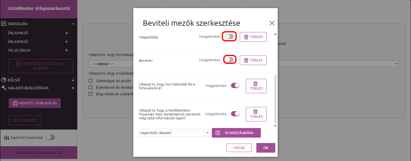 Listamester-Kézikönyv-Űrlapok - Kérdőív - űrlapvarázsló - adatmező láthatatlanná tétele