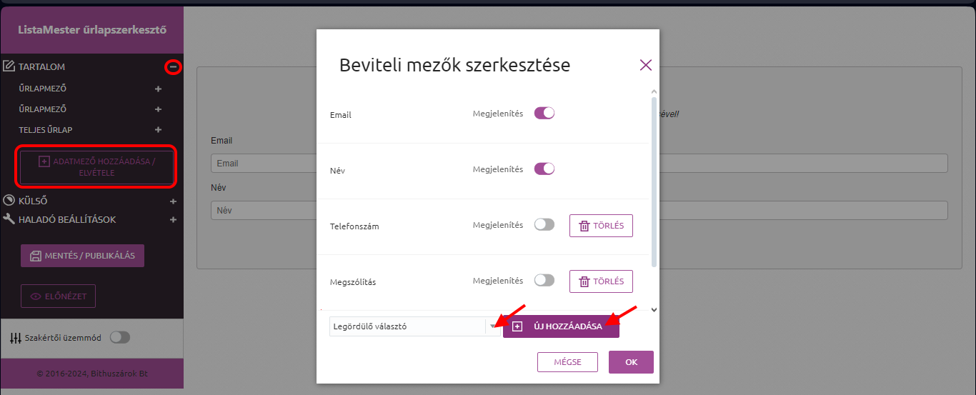 Listamester-Kézikönyv-Űrlapok - Kérdőív - űrlapvarázsló - adatmező létrehozása