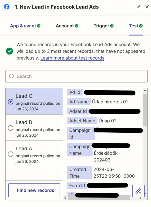 Integrációk - FB Leads - Test lapfül ellenőrzése