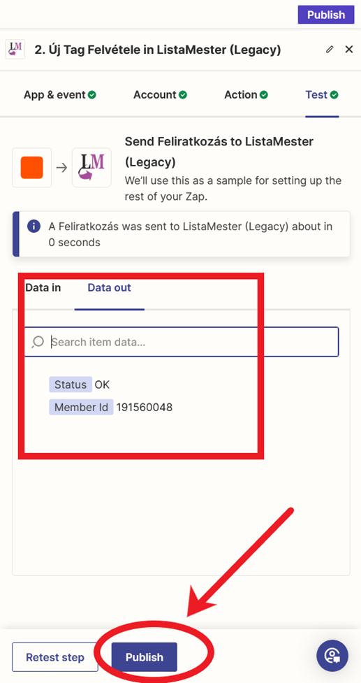 Integrációk - Listamester és Zapier összekötése - Test fül - Sikeres adatbeküldés