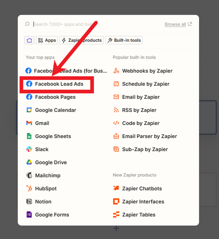 Integrációk - Zapier - Facebook Lead Ads kiválasztása