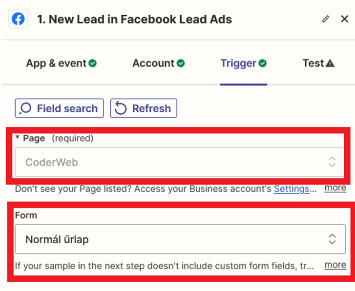 Integrációk - FB Leads - Trigger fül - Űrlap összekapcsolása