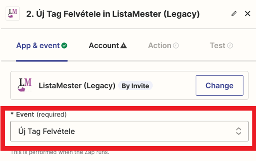 Integrációk - Listamester és Zapier összekötése - Event lista - ÚjTag Felvétele