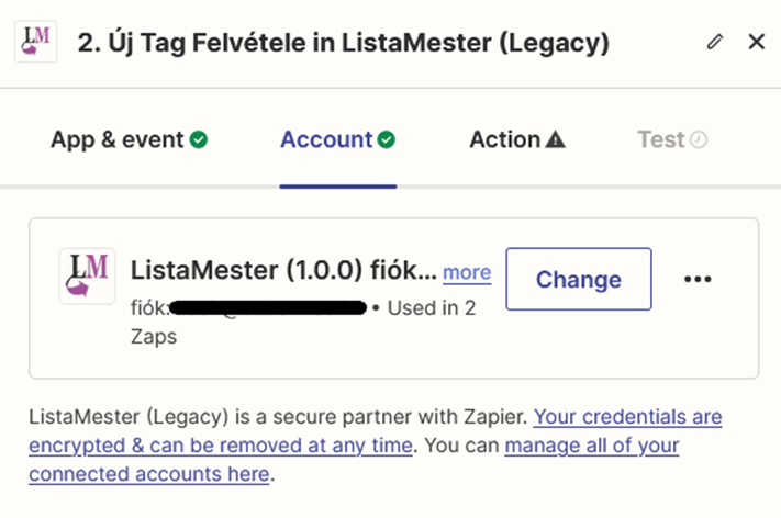 Integrációk - Listamester és Zapier összekötése - Account fül - Listamesteres fiók hozzáadása