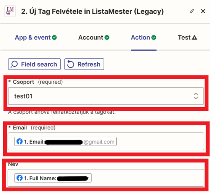 Integrációk - Listamester és Zapier összekötése - Action fül - Csoport, email és név adatok kiválasztása
