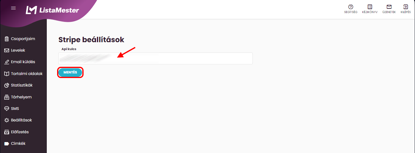 Listamester - Útmutató - Integrációk - Stripe összekötés