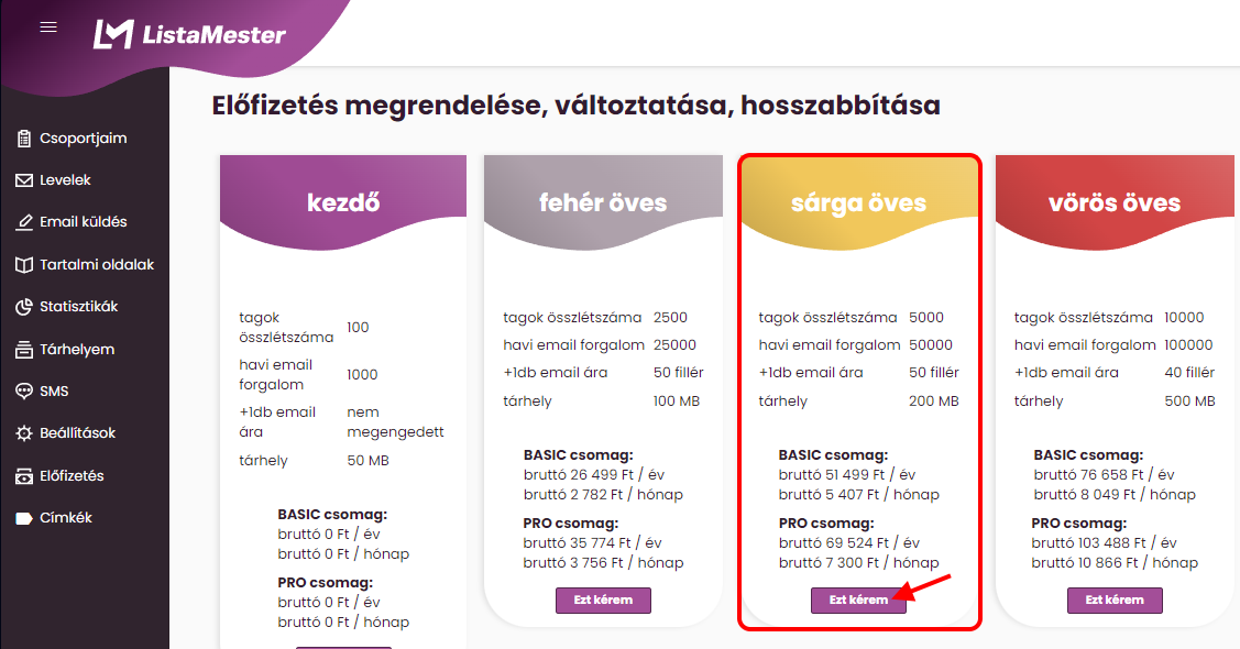 Listamester - Kézikönyv - Előfizetés, csomagok tartalma