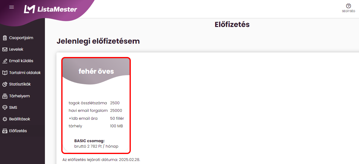 Listamester - Kézikönyv - Jelenlegi előfizetésem