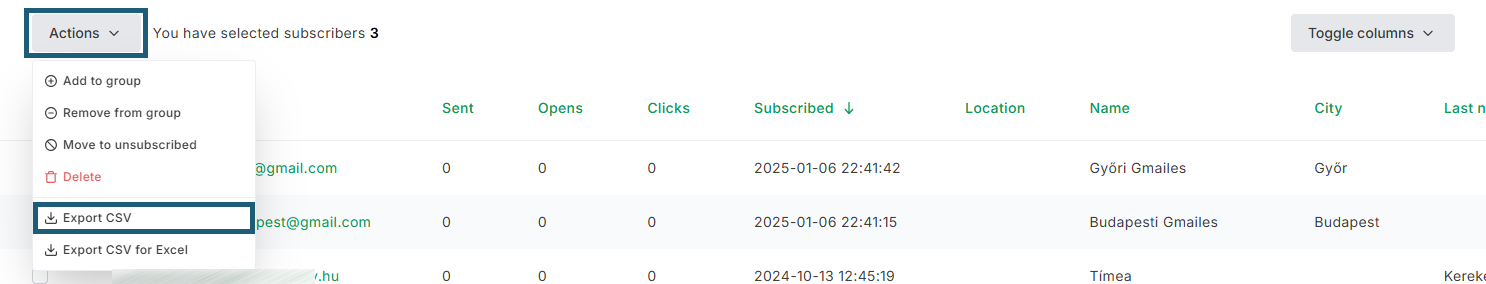 MailerLite- Actions - Export CSV