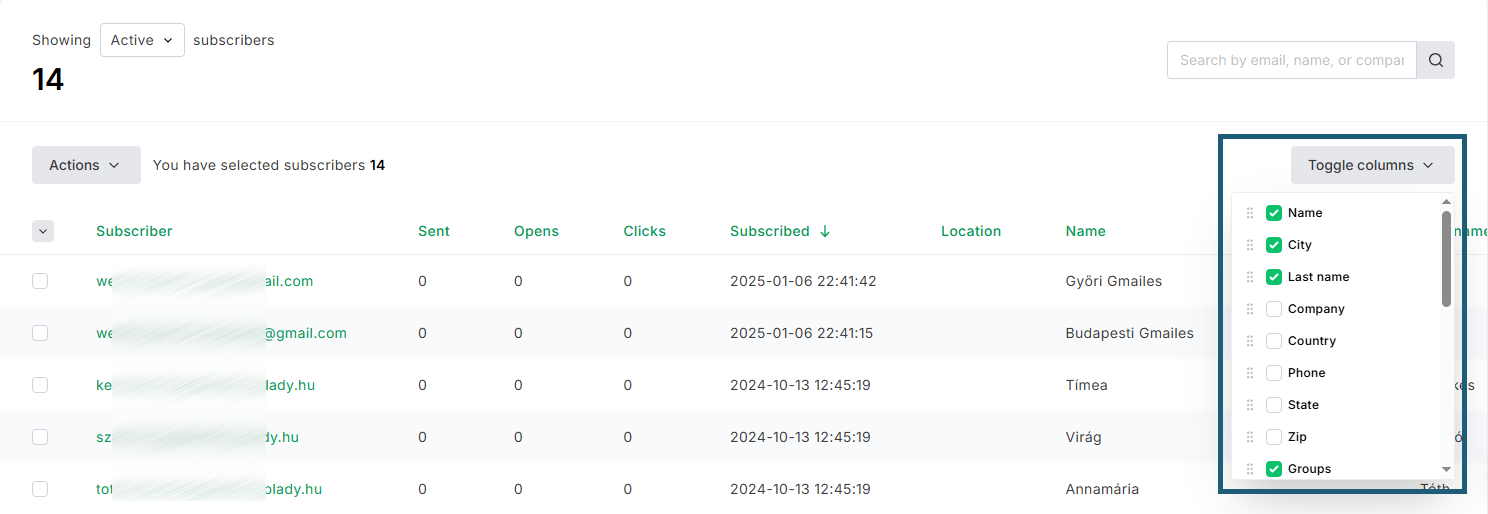 MailerLita-Toggle Columns