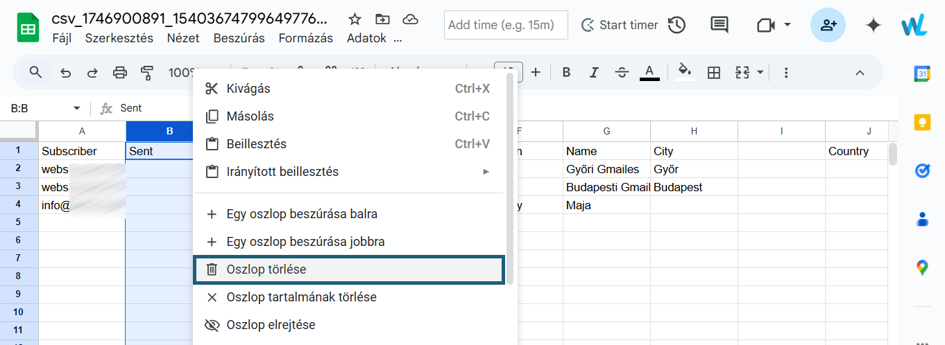 Google Táblázatok - Oszlop törlése