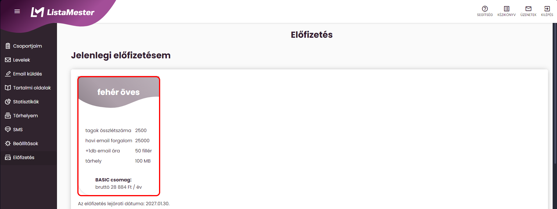 Listamester - Kézikönyv - Jelenlegi előfizetésem