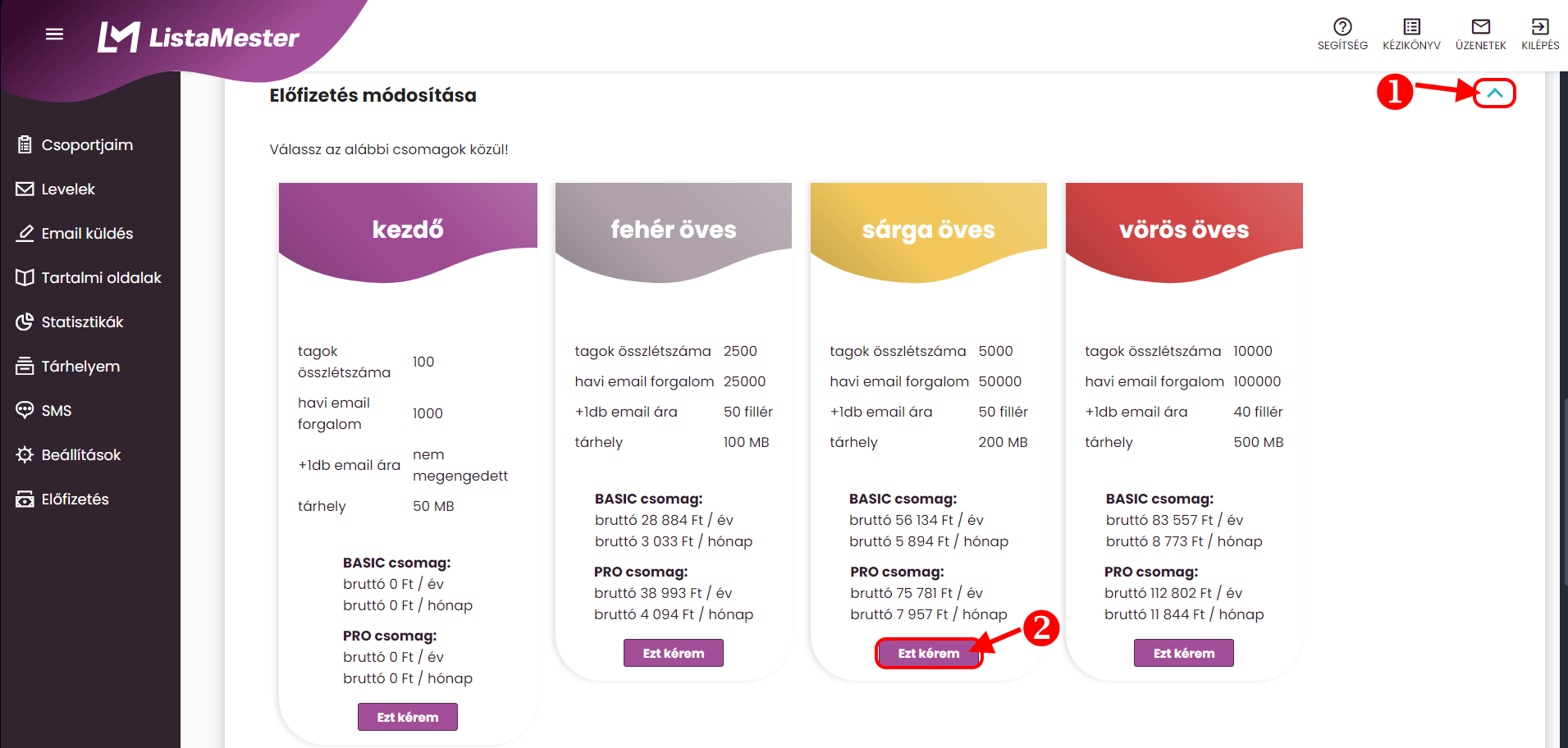 Listamester - Kézikönyv - Előfizetés, csomagok tartalma