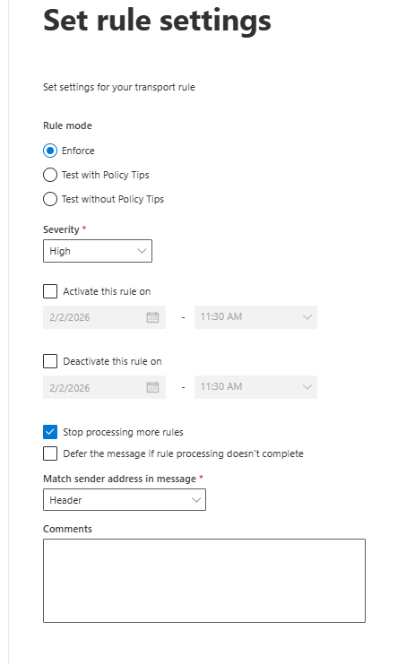 Outlook - Set rule - settings