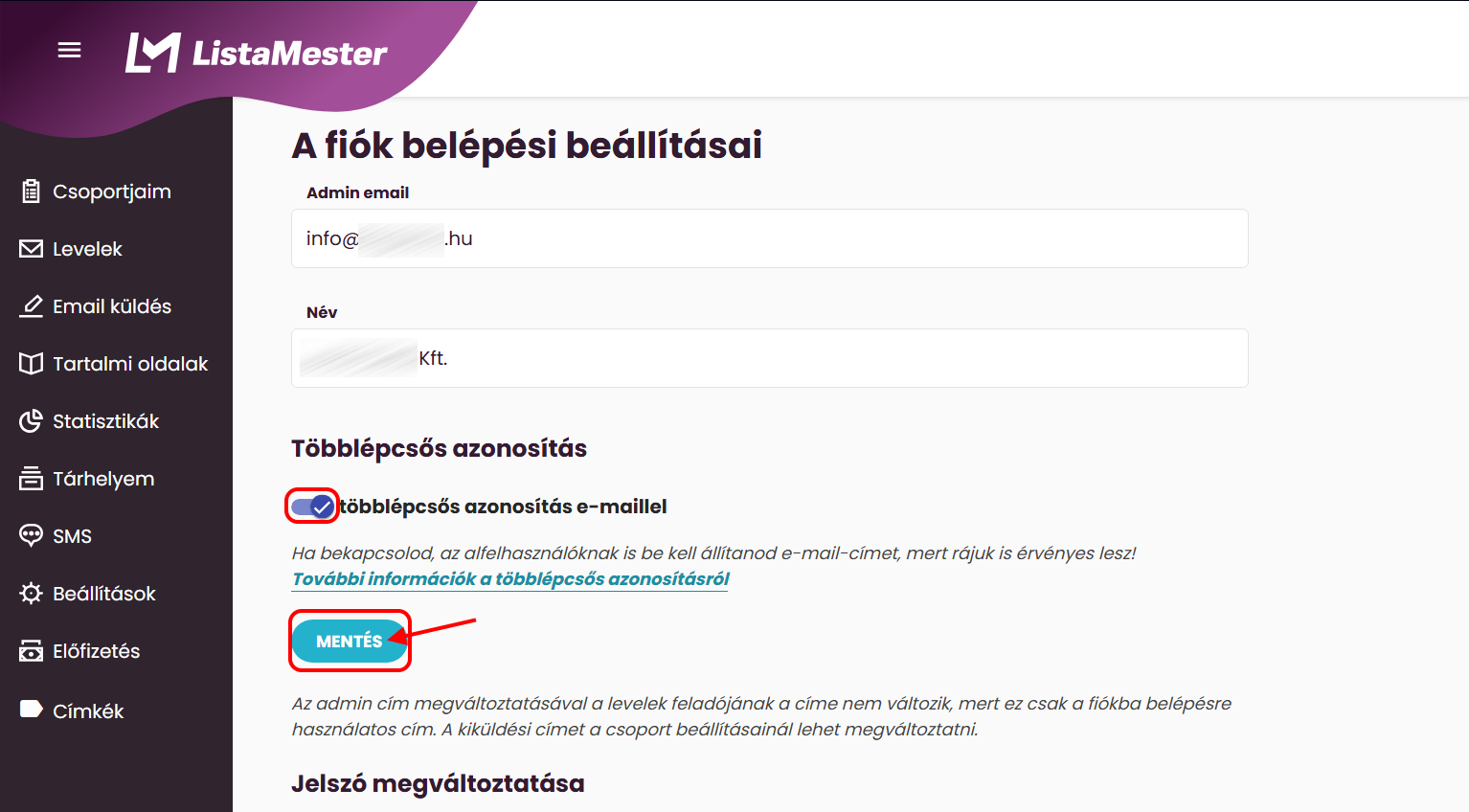 Listamester- Beállítások- Többlépcsős azonosítás emaillel beállítása