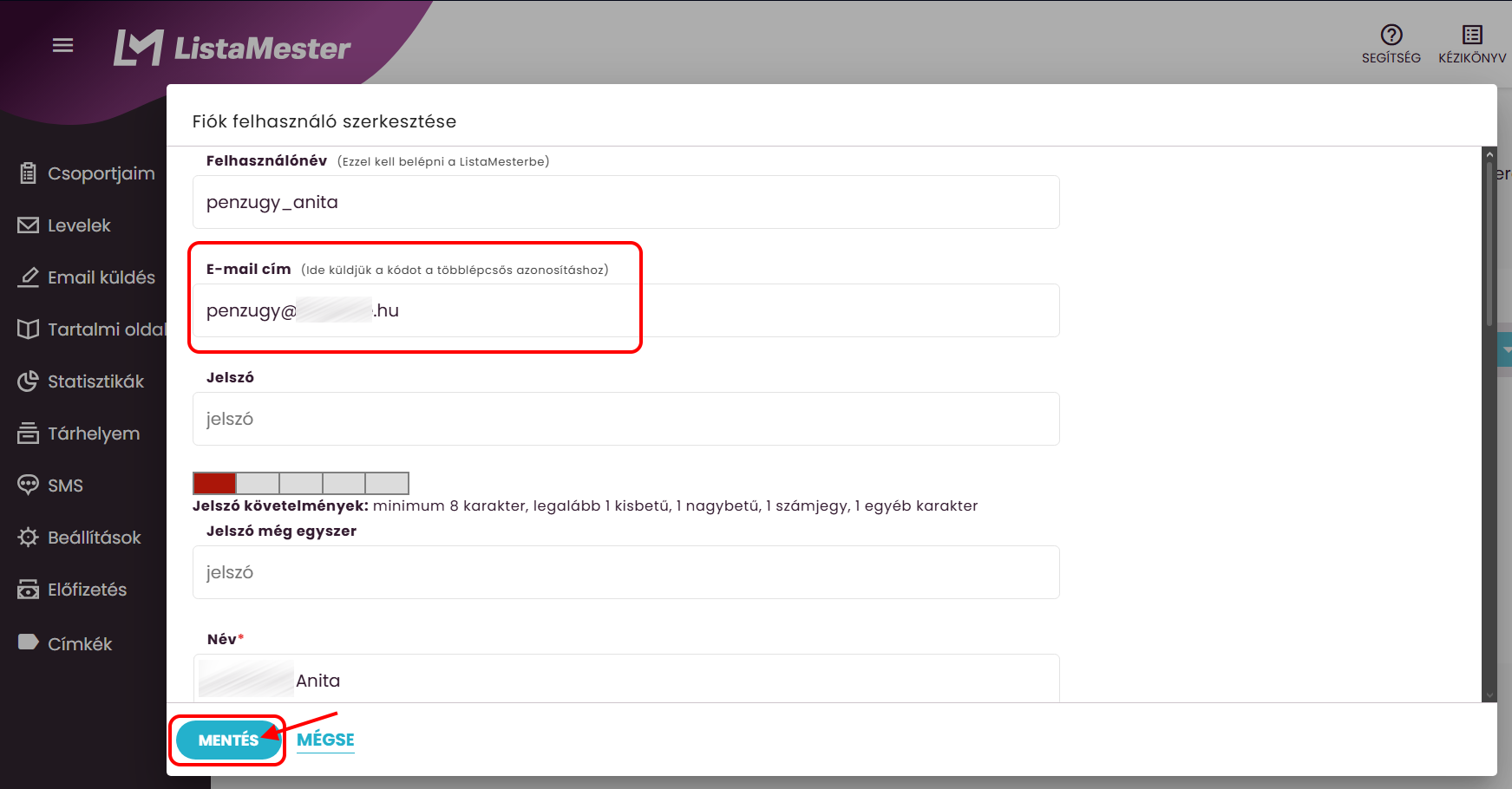 Listamester- Beállítások- Többlépcsős azonosítás emaillel beállítása - alkalmazotti emailcím beállítása