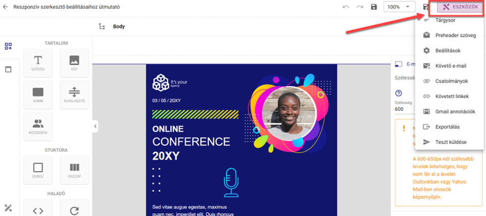 Listamester - Útmutató - Reszponzív levélszerkesztő - Tárgysor kiválasztása