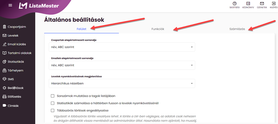 Beállítások - Általános - Felület, Funkciók és Számlázás fül