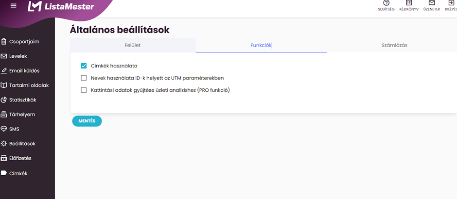 Beállítások -  Általános -Funkciók fü